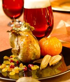 Cailles rôties en habit d’or aux clémentines caramélisées et bière de Noël